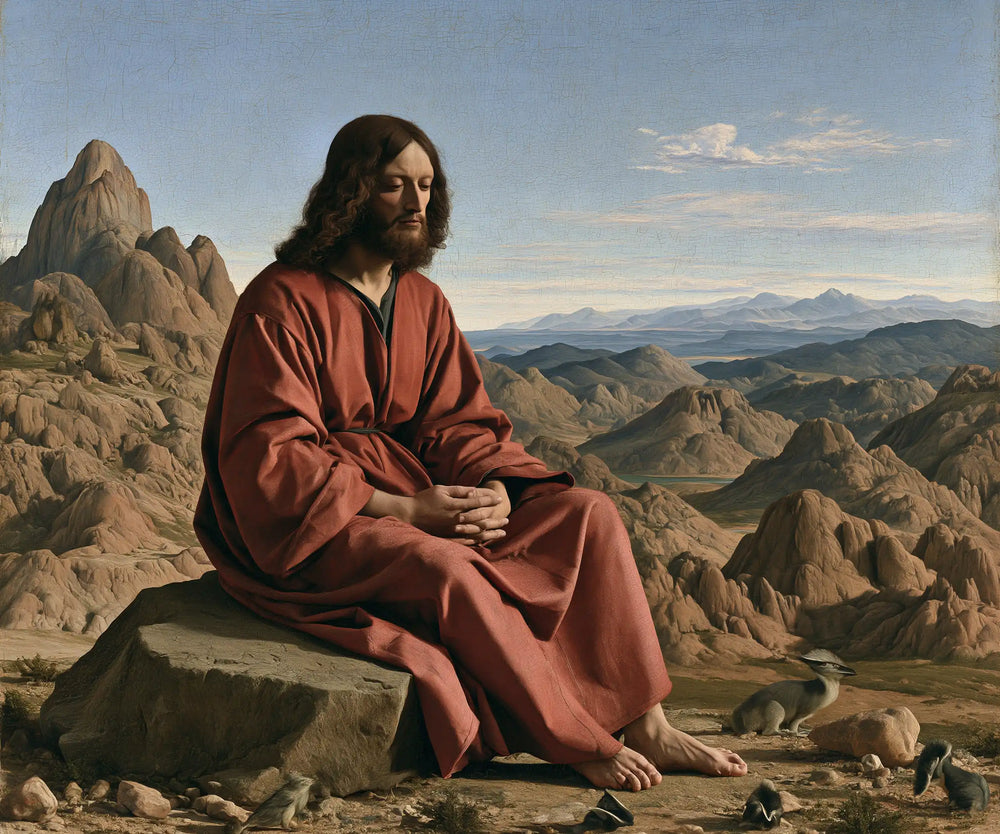 Jesus in the desert during the temptation in Florentine Renaissance style, landscape Christian artwork no. 1