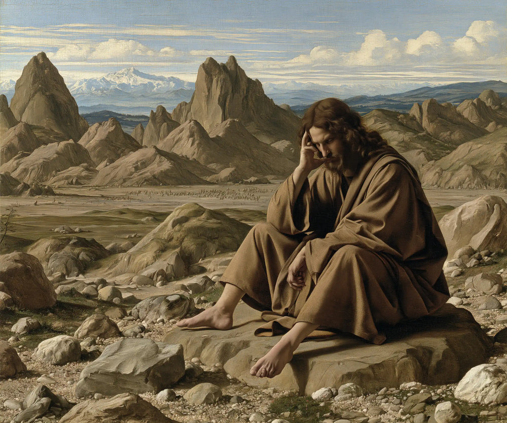 Jesus in the desert during the temptation in Florentine Renaissance style, landscape Christian artwork no. 2