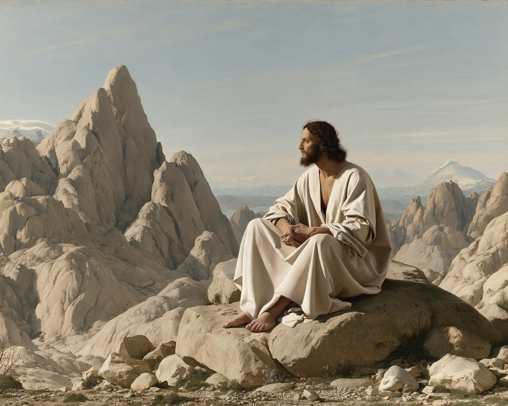 Jesus in the desert during the temptation in Florentine Renaissance style, landscape Christian artwork no. 7