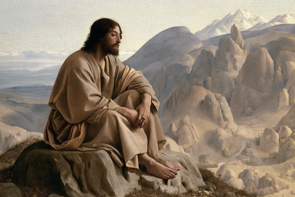 Jesus in the desert during the temptation in Florentine Renaissance style, landscape Christian artwork no. 13