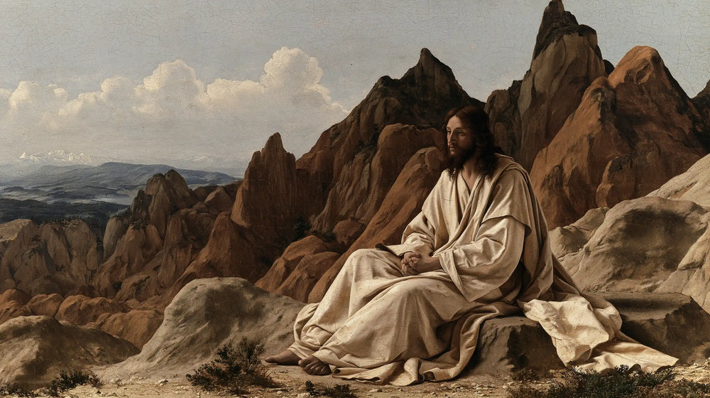 Jesus in the desert during the temptation in Florentine Renaissance style, landscape Christian artwork no. 18
