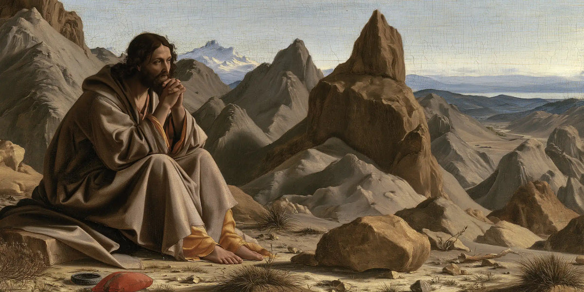 Jesus in the desert during the temptation in Florentine Renaissance style, landscape Christian artwork no. 21