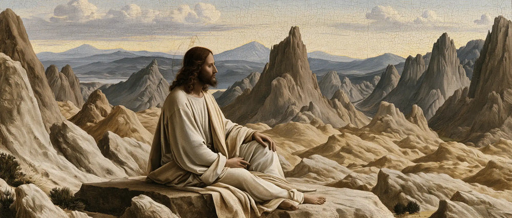 Jesus in the desert during the temptation in Florentine Renaissance style, landscape Christian artwork no. 25