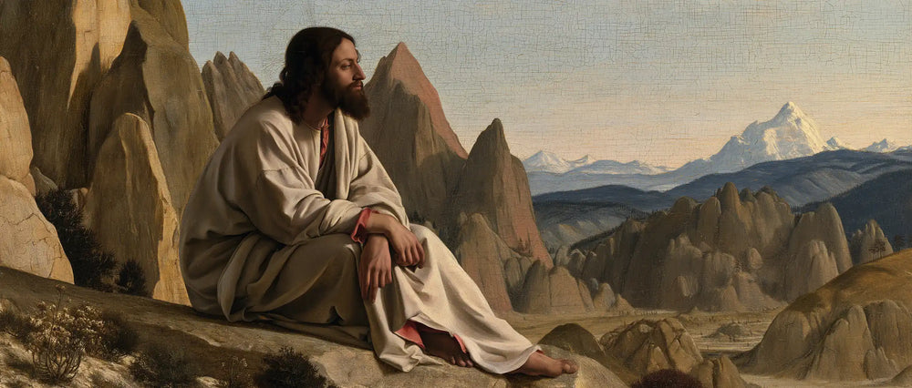 Jesus in the desert during the temptation in Florentine Renaissance style, landscape Christian artwork no. 26