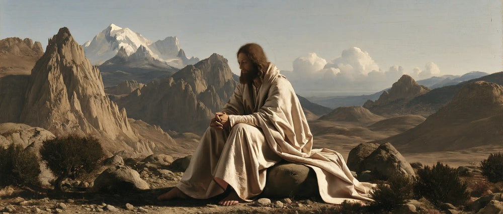 Jesus in the desert during the temptation in Florentine Renaissance style, landscape Christian artwork no. 27