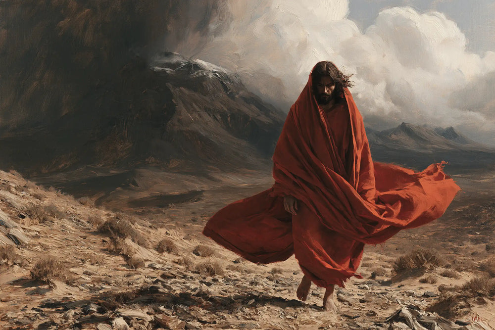 Jesus confronting an inner spiritual struggle in the desert in The Inner Struggle style, landscape Christian artwork no. 10