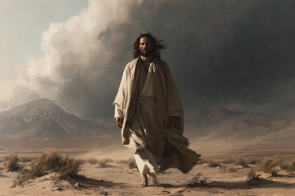 Jesus confronting an inner spiritual struggle in the desert in The Inner Struggle style, landscape Christian artwork no. 12