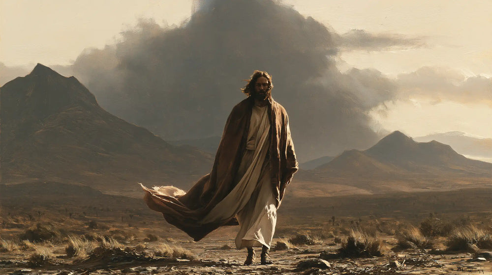 Jesus confronting an inner spiritual struggle in the desert in The Inner Struggle style, landscape Christian artwork no. 15
