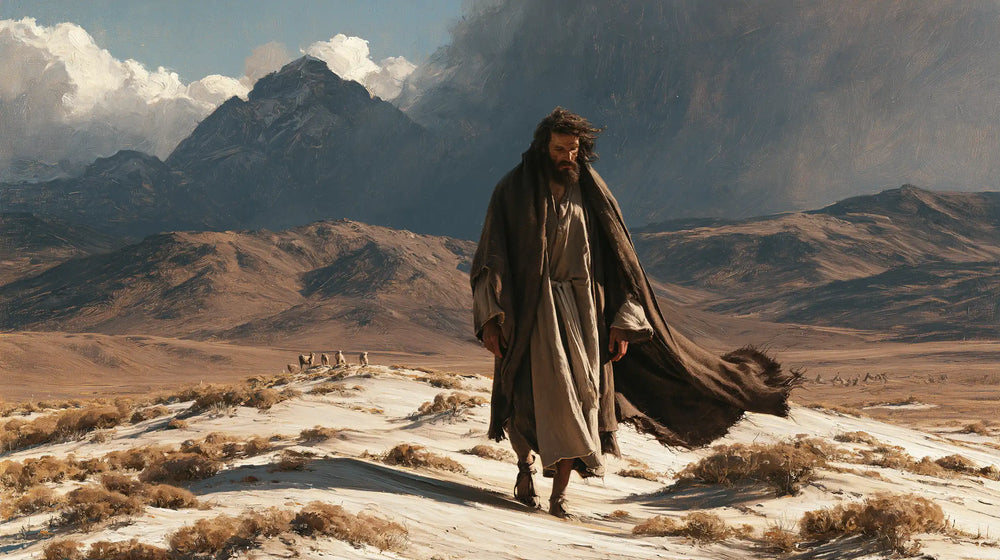 Jesus confronting an inner spiritual struggle in the desert in The Inner Struggle style, landscape Christian artwork no. 17