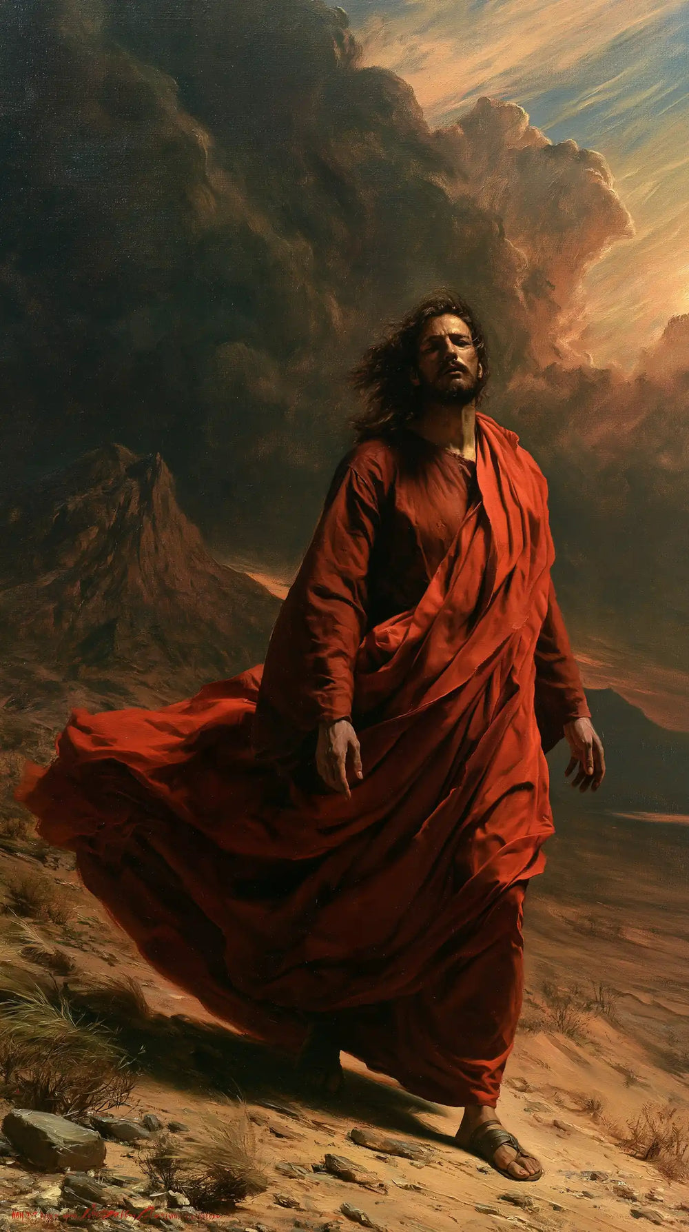 Jesus confronting an inner spiritual struggle in the desert in The Inner Struggle style, portrait Christian artwork no. 10
