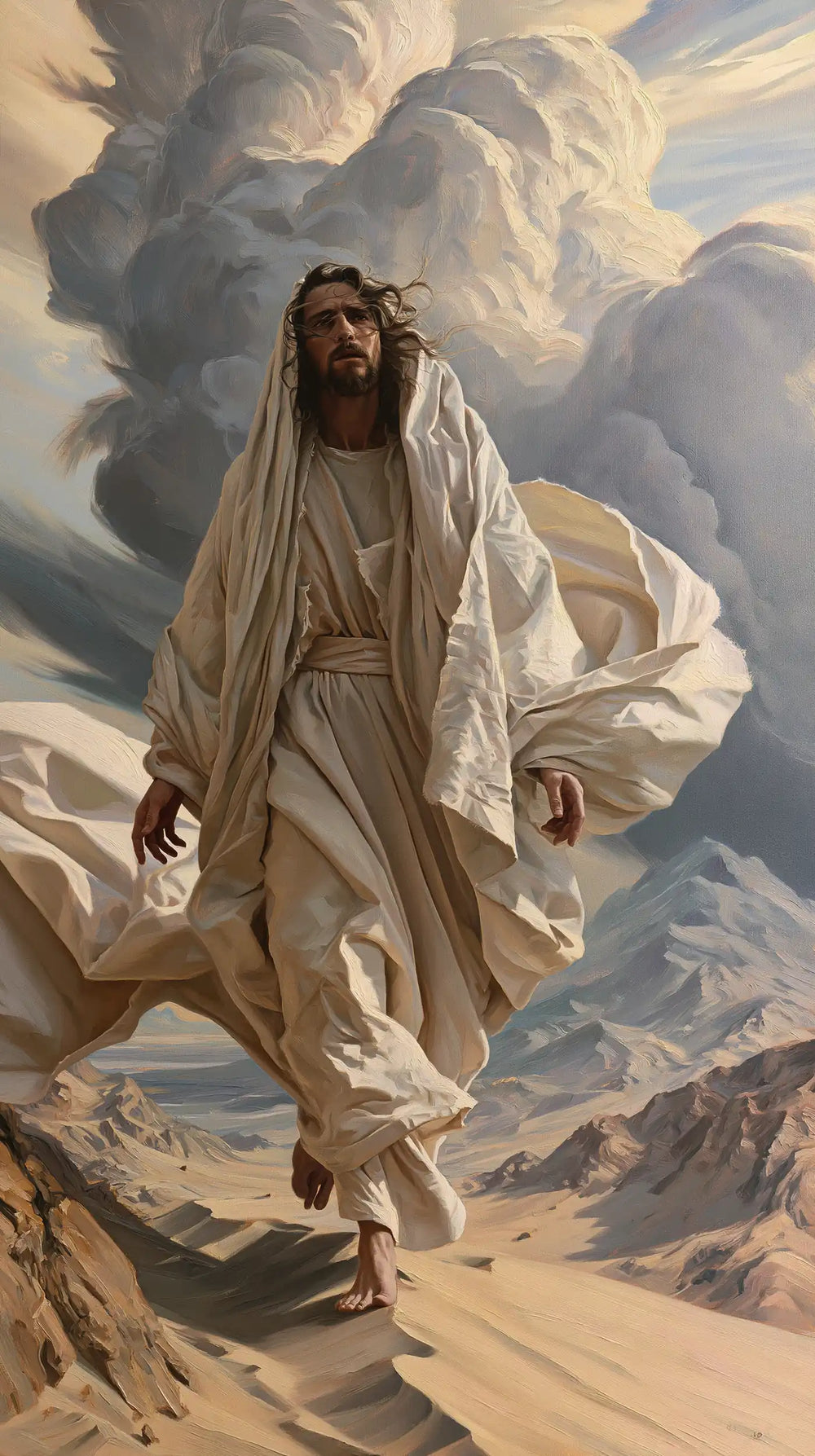 Jesus confronting an inner spiritual struggle in the desert in The Inner Struggle style, portrait Christian artwork no. 17