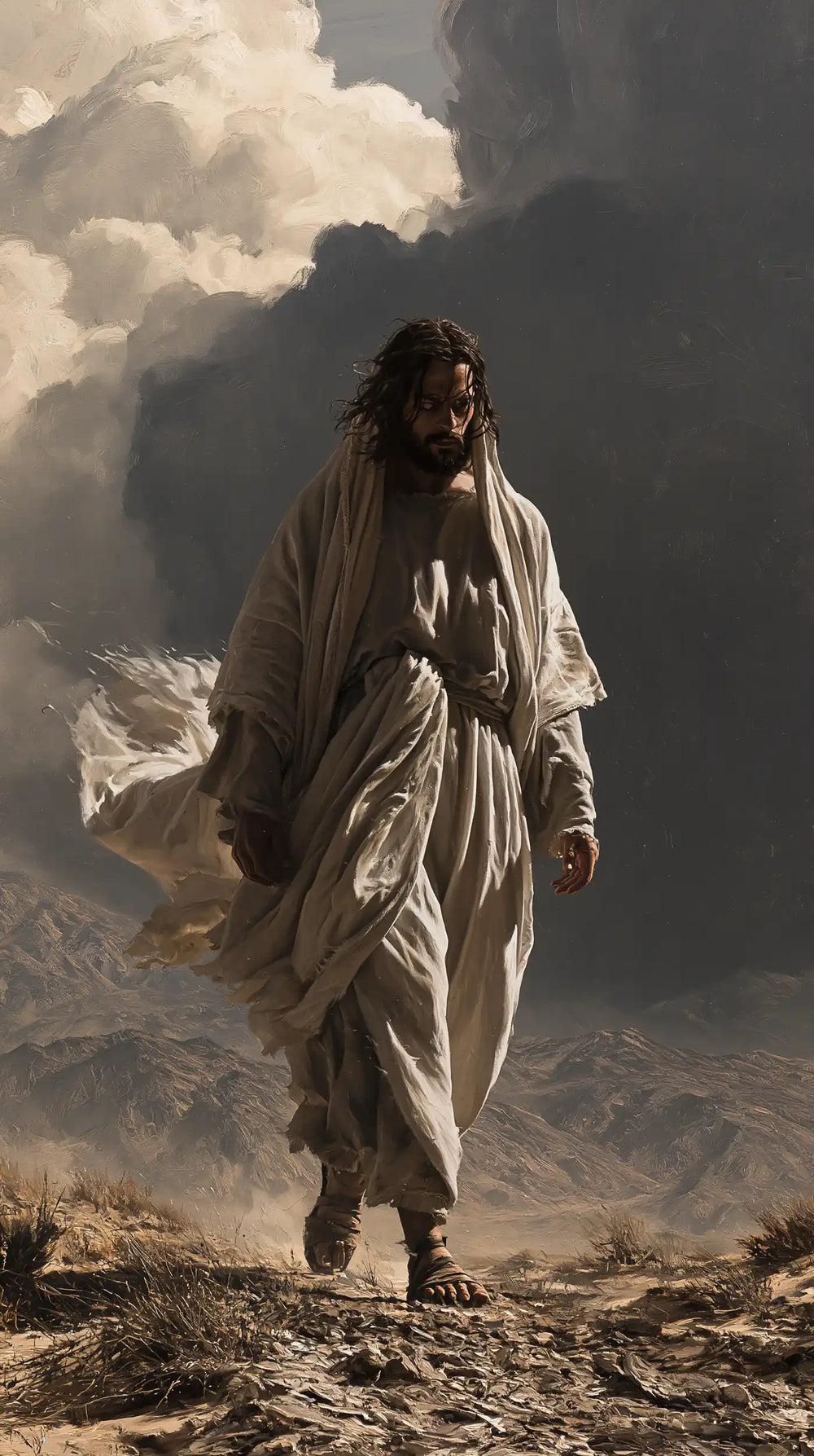 Jesus confronting an inner spiritual struggle in the desert in The Inner Struggle style, portrait Christian artwork no. 22