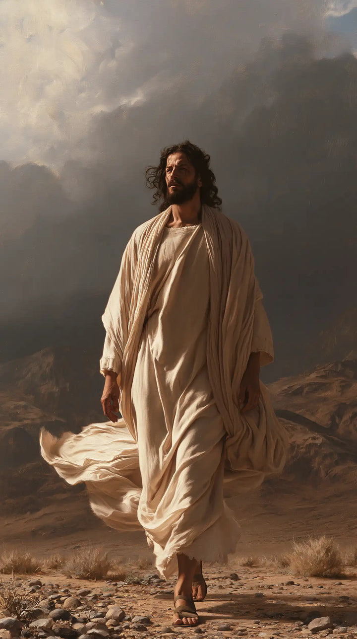 Jesus in the Desert — A Light Step beneath Grey Peaks