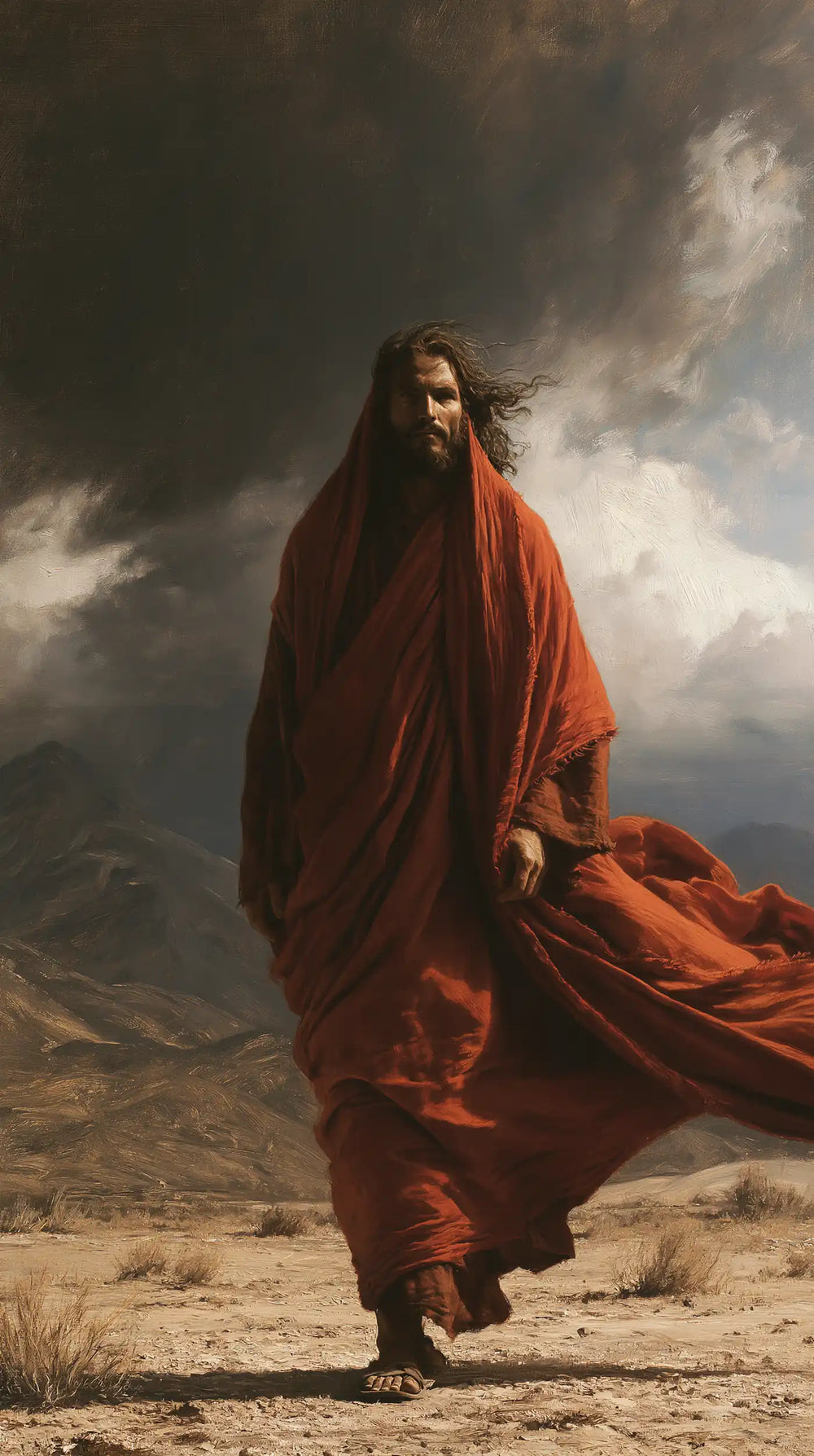 Jesus confronting an inner spiritual struggle in the desert in The Inner Struggle style, portrait Christian artwork no. 25