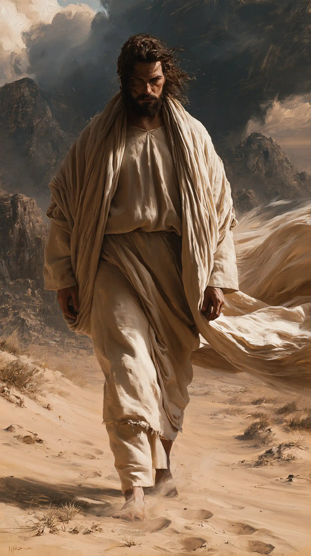 Jesus confronting an inner spiritual struggle in the desert in The Inner Struggle style, portrait Christian artwork no. 27
