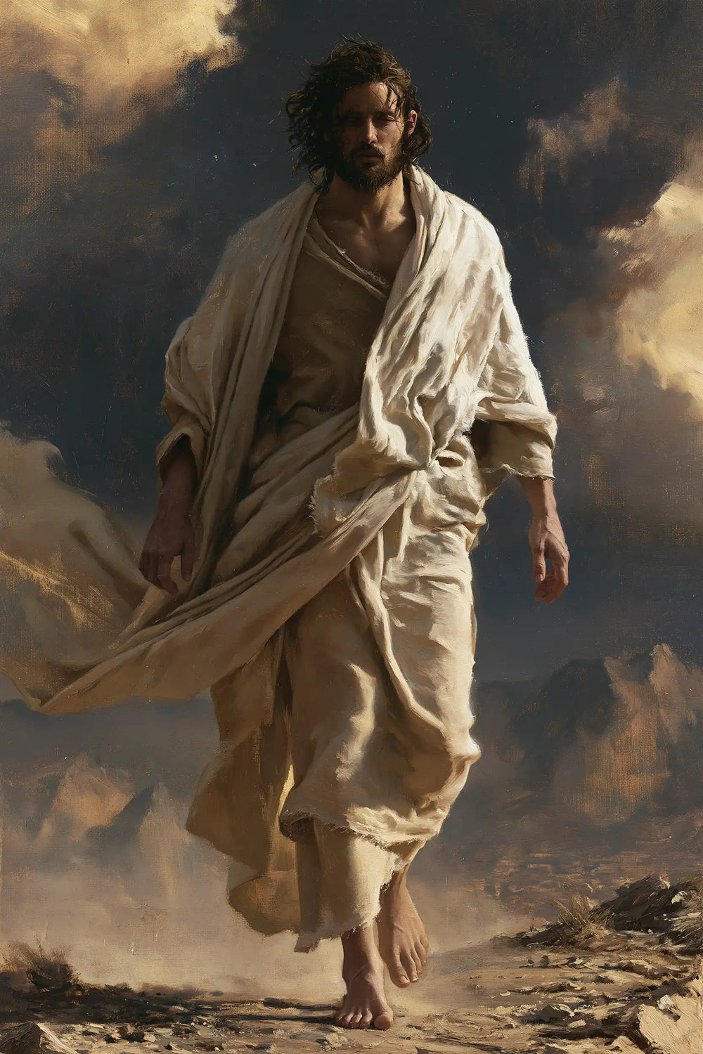 Jesus confronting an inner spiritual struggle in the desert in The Inner Struggle style, portrait Christian artwork no. 31