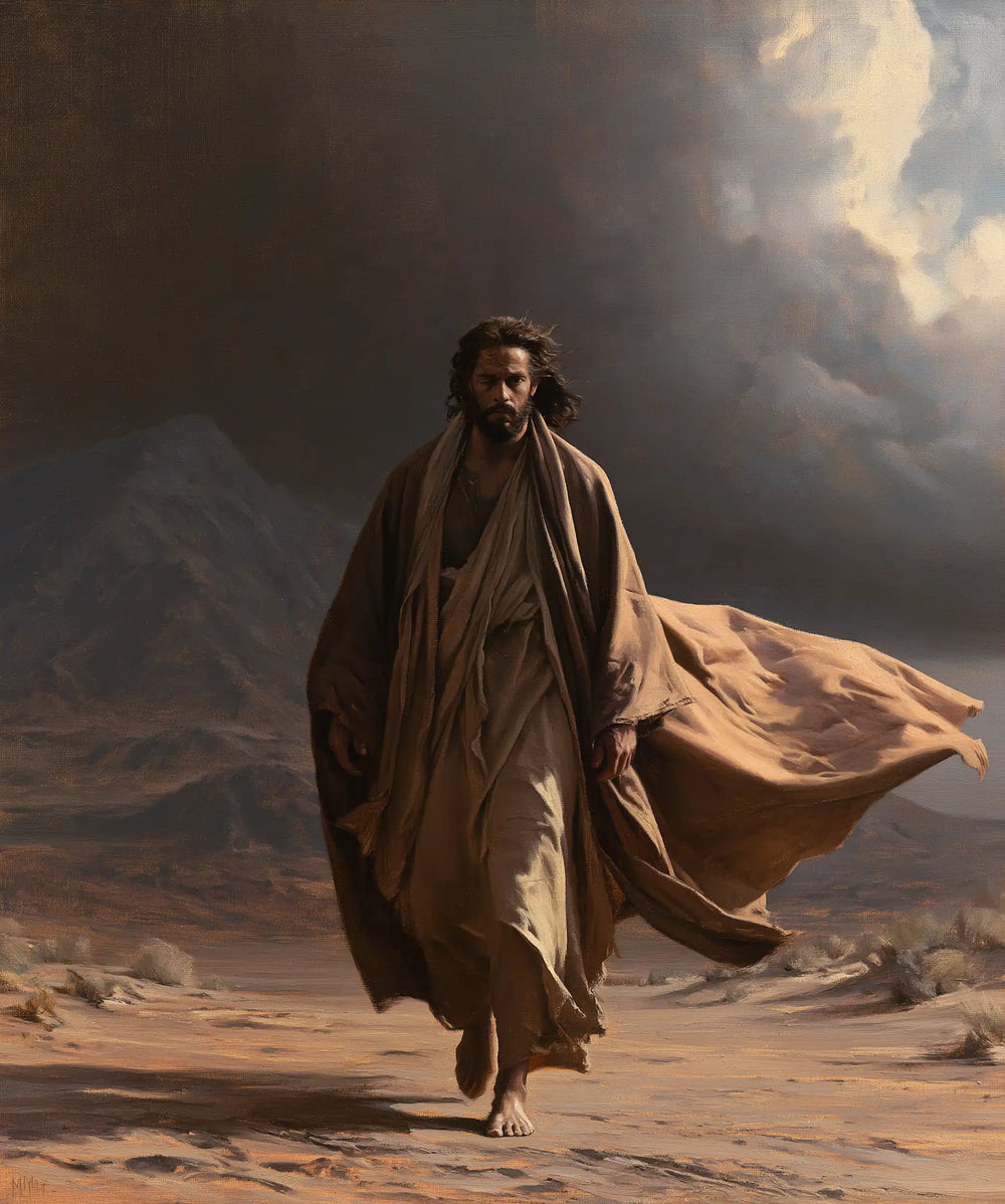 Jesus confronting an inner spiritual struggle in the desert in The Inner Struggle style, portrait Christian artwork no. 39