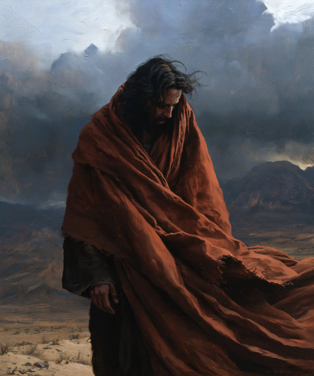 Jesus confronting an inner spiritual struggle in the desert in The Inner Struggle style, portrait Christian artwork no. 40