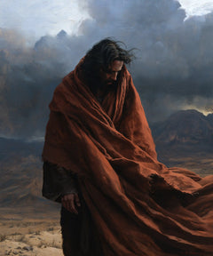 Jesus in the Desert — Contemplation beneath Dark Crimson