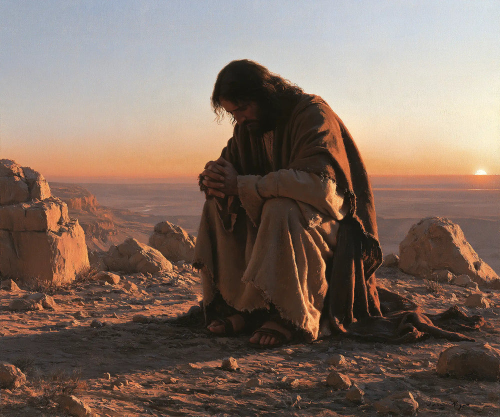 Jesus praying alone in the desert in Jesus in Prayer style, landscape Christian artwork no. 4