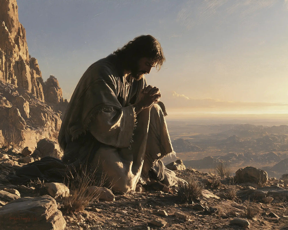 Jesus praying alone in the desert in Jesus in Prayer style, landscape Christian artwork no. 6