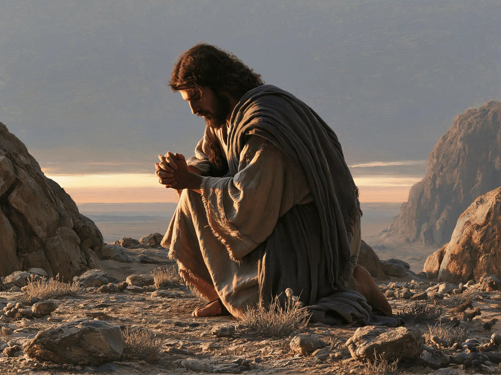 Jesus praying alone in the desert in Jesus in Prayer style, landscape Christian artwork no. 12