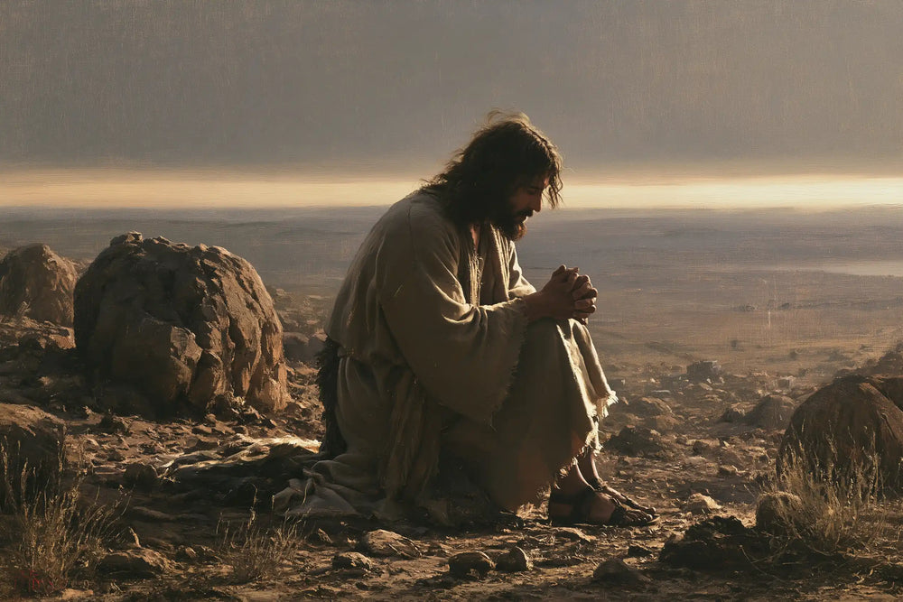 Jesus praying alone in the desert in Jesus in Prayer style, landscape Christian artwork no. 14