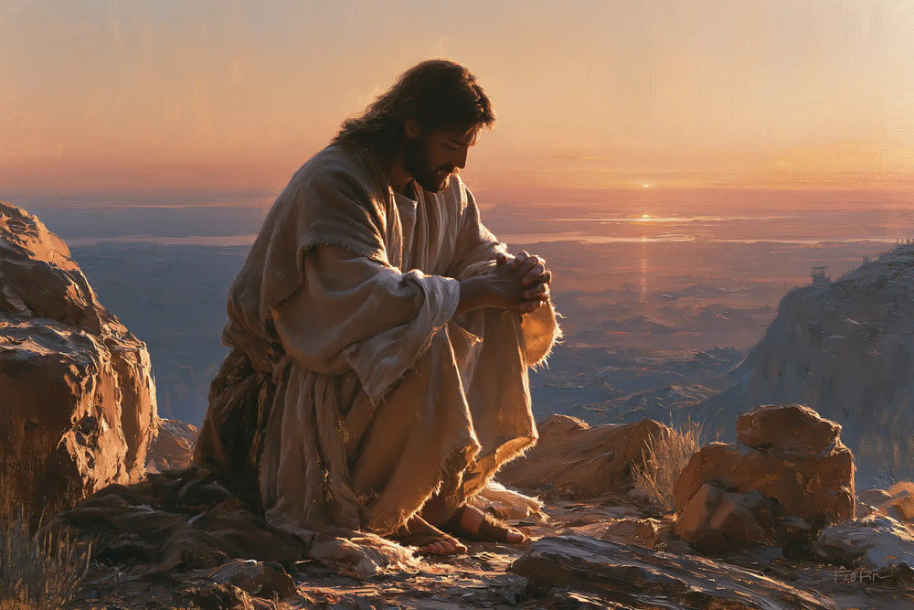 Jesus praying alone in the desert in Jesus in Prayer style, landscape Christian artwork no. 15
