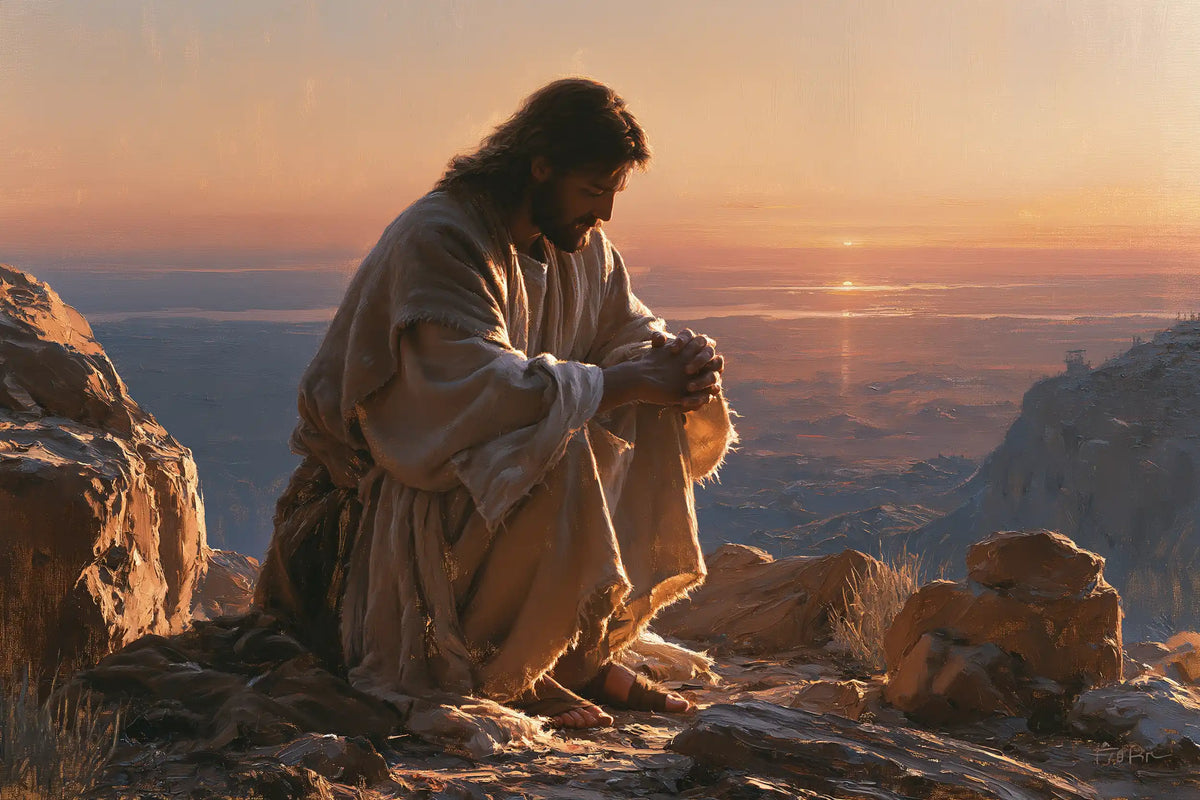 Jesus praying alone in the desert in Jesus in Prayer style, landscape Christian artwork no. 15