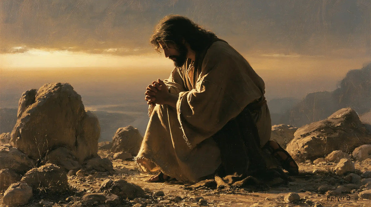 Jesus praying alone in the desert in Jesus in Prayer style, landscape Christian artwork no. 18