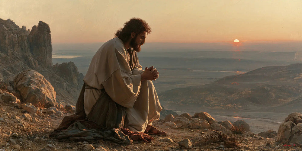 Jesus praying alone in the desert in Jesus in Prayer style, landscape Christian artwork no. 21