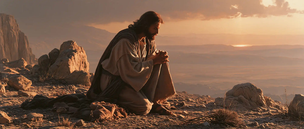 Jesus praying alone in the desert in Jesus in Prayer style, landscape Christian artwork no. 27