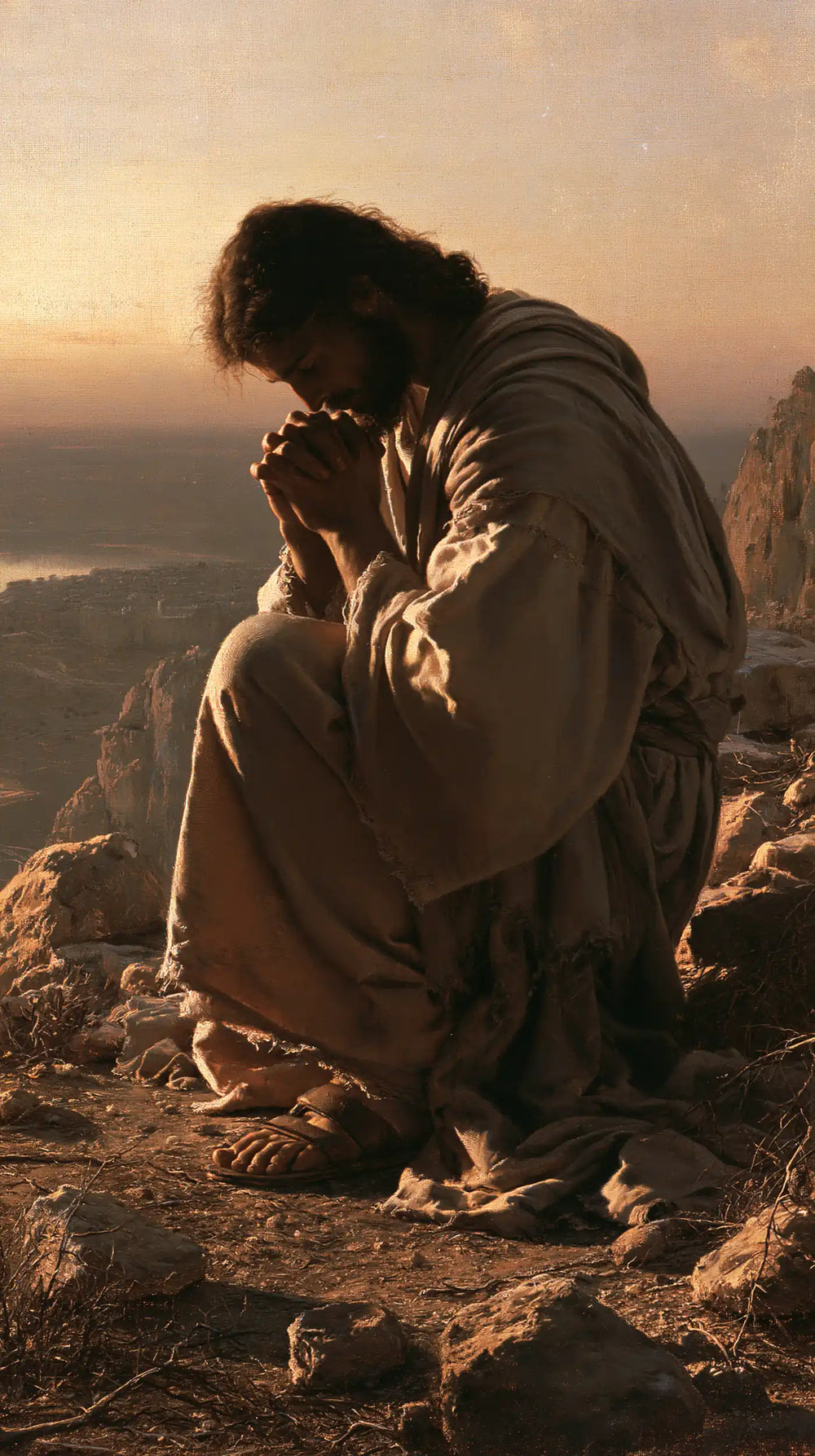 Jesus praying alone in the desert in Jesus in Prayer style, portrait Christian artwork no. 5