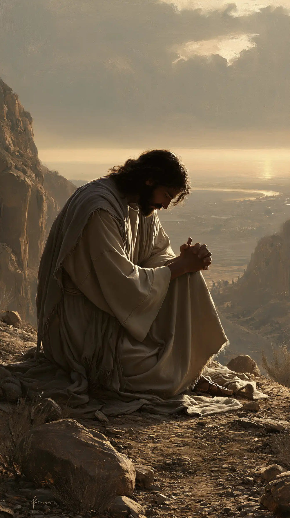 Jesus praying alone in the desert in Jesus in Prayer style, portrait Christian artwork no. 6