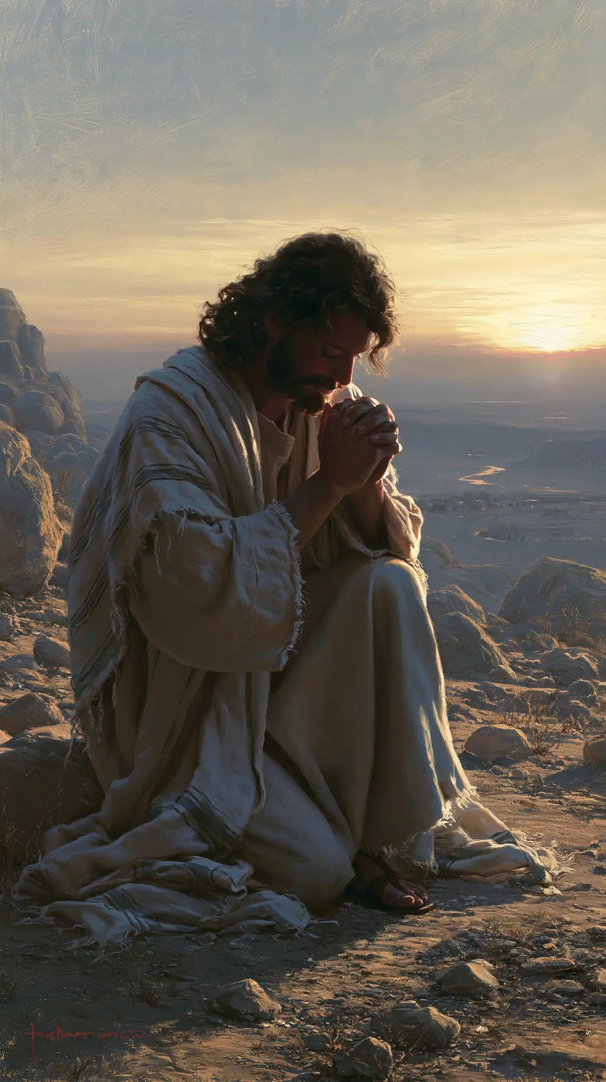 Jesus praying alone in the desert in Jesus in Prayer style, portrait Christian artwork no. 11