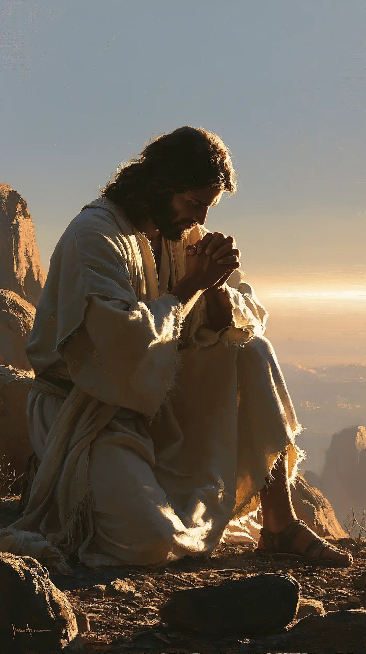 Jesus praying alone in the desert in Jesus in Prayer style, portrait Christian artwork no. 15