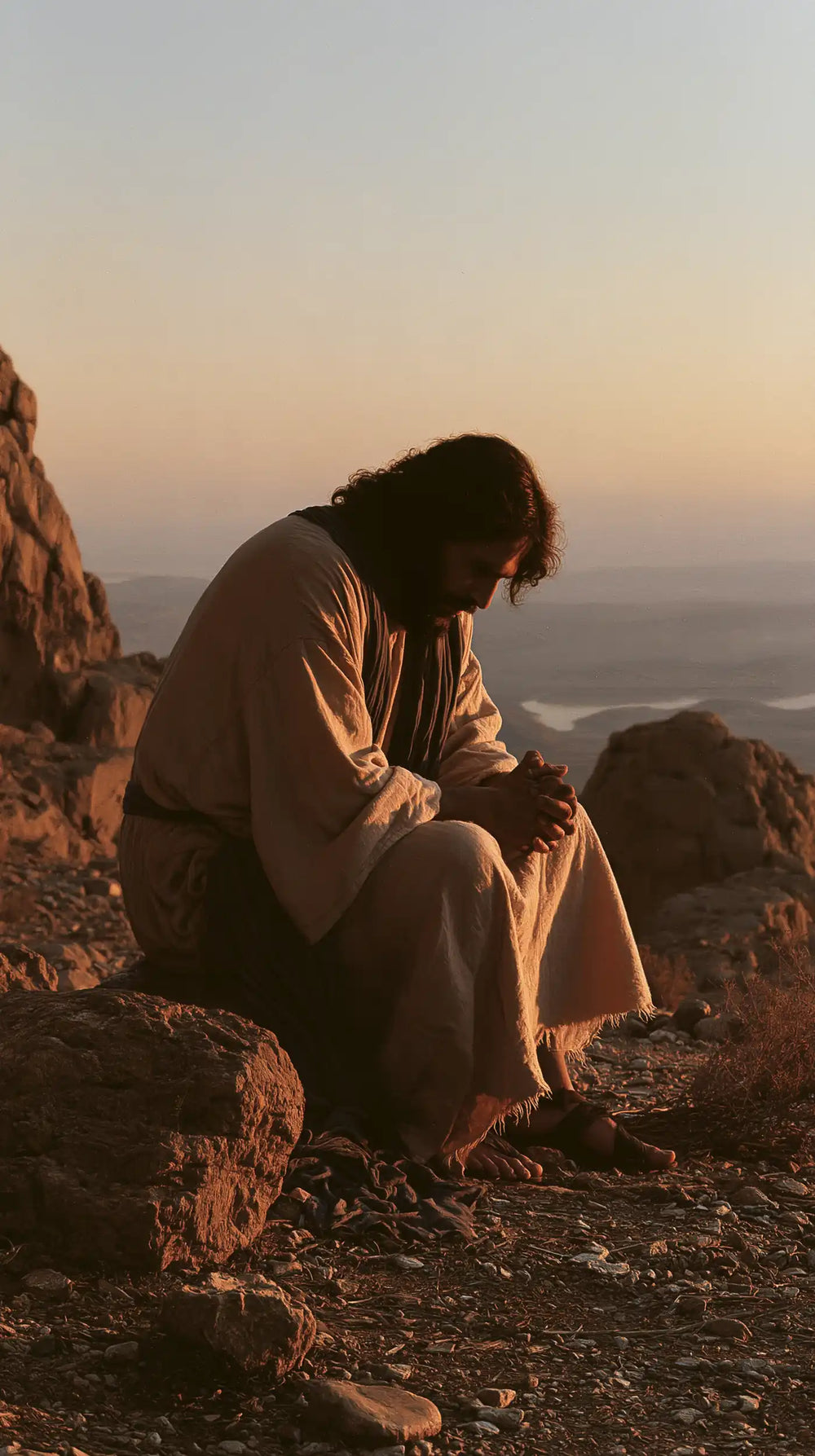 Jesus praying alone in the desert in Jesus in Prayer style, portrait Christian artwork no. 17