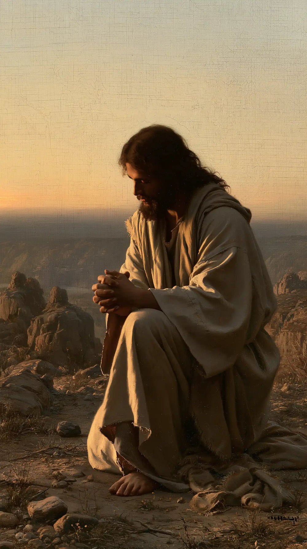 Jesus praying alone in the desert in Jesus in Prayer style, portrait Christian artwork no. 22