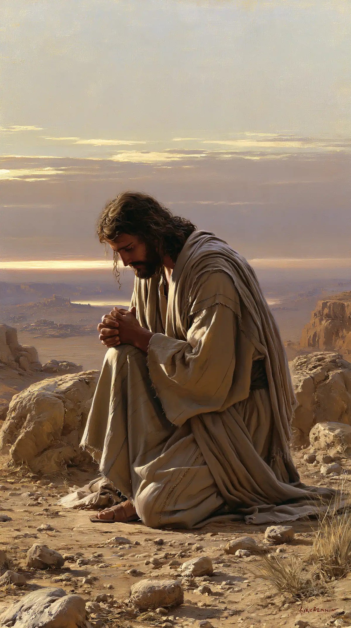 Jesus praying alone in the desert in Jesus in Prayer style, portrait Christian artwork no. 26