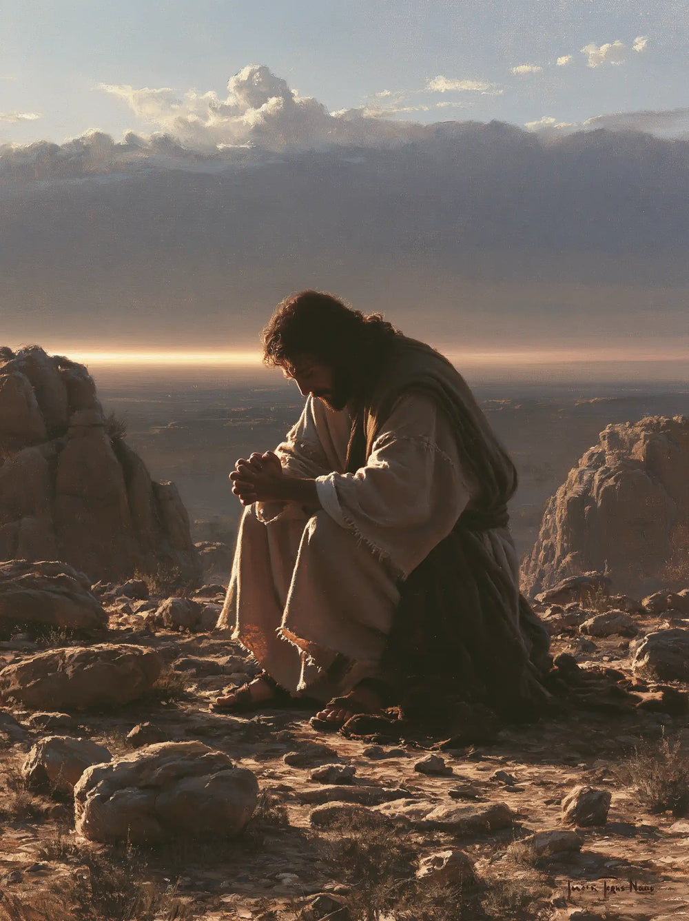 Jesus praying alone in the desert in Jesus in Prayer style, portrait Christian artwork no. 34