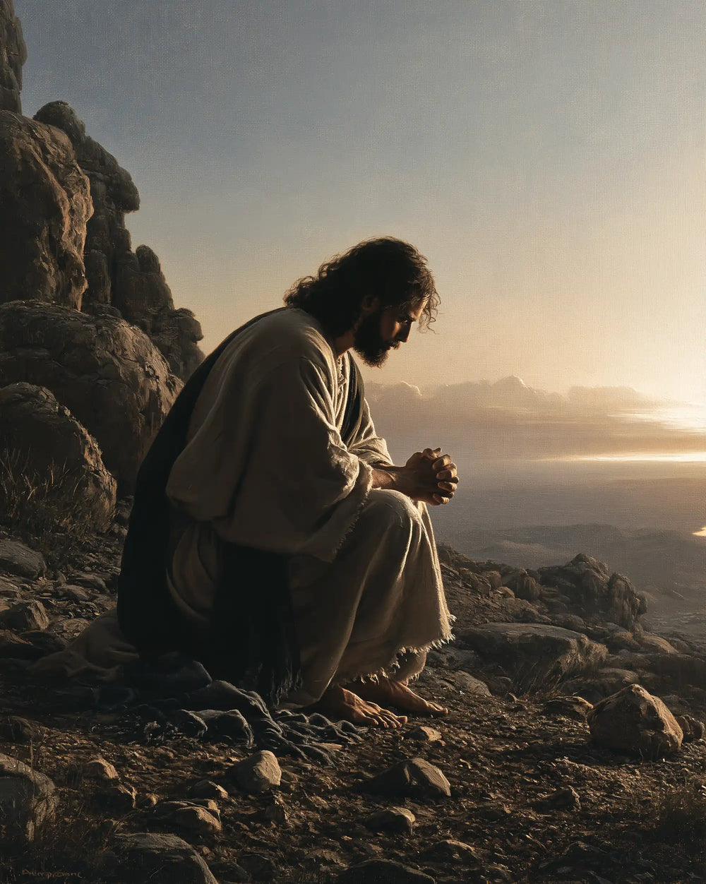 Jesus praying alone in the desert in Jesus in Prayer style, portrait Christian artwork no. 38