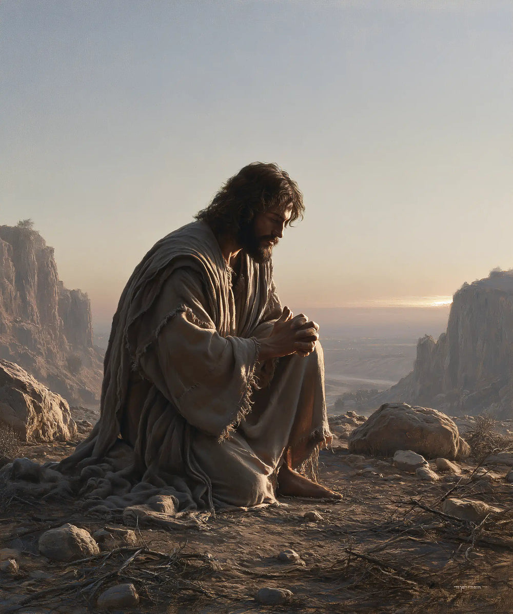 Jesus praying alone in the desert in Jesus in Prayer style, portrait Christian artwork no. 42