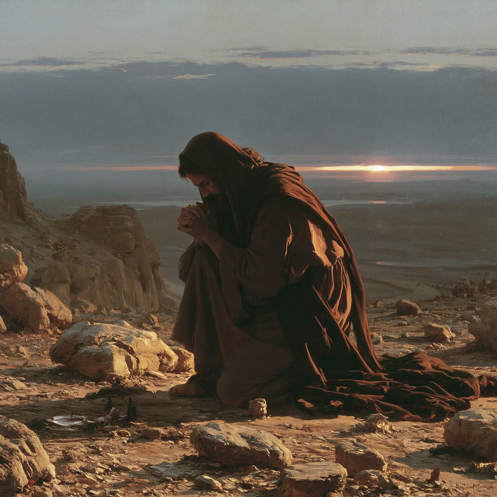 Jesus praying alone in the desert in Jesus in Prayer style, square Christian artwork no. 4