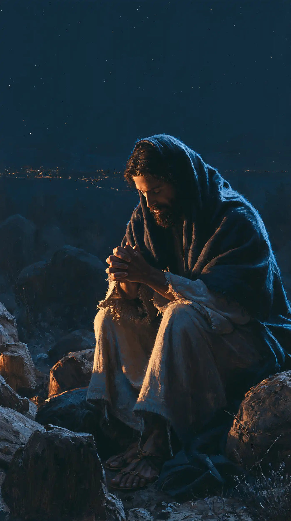 Jesus in the desert during the temptation in Midnight Blue Chiaroscuro style, portrait Christian artwork no. 3