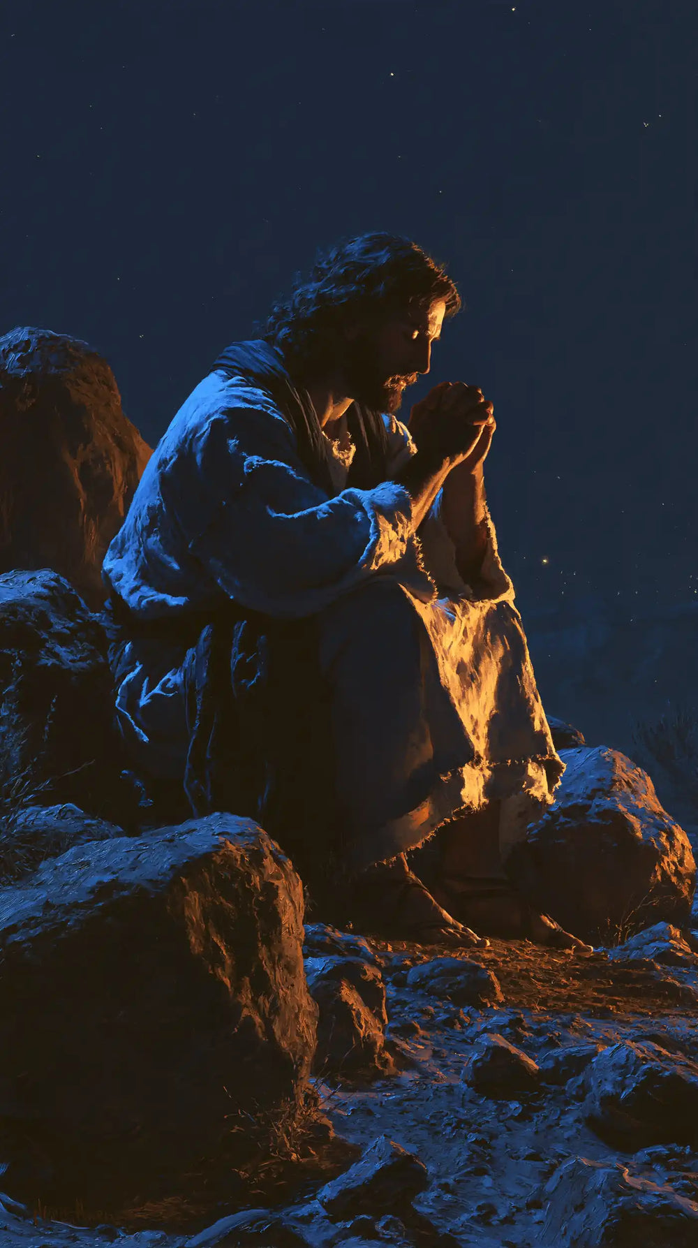 Jesus in the desert during the temptation in Midnight Blue Chiaroscuro style, portrait Christian artwork no. 14