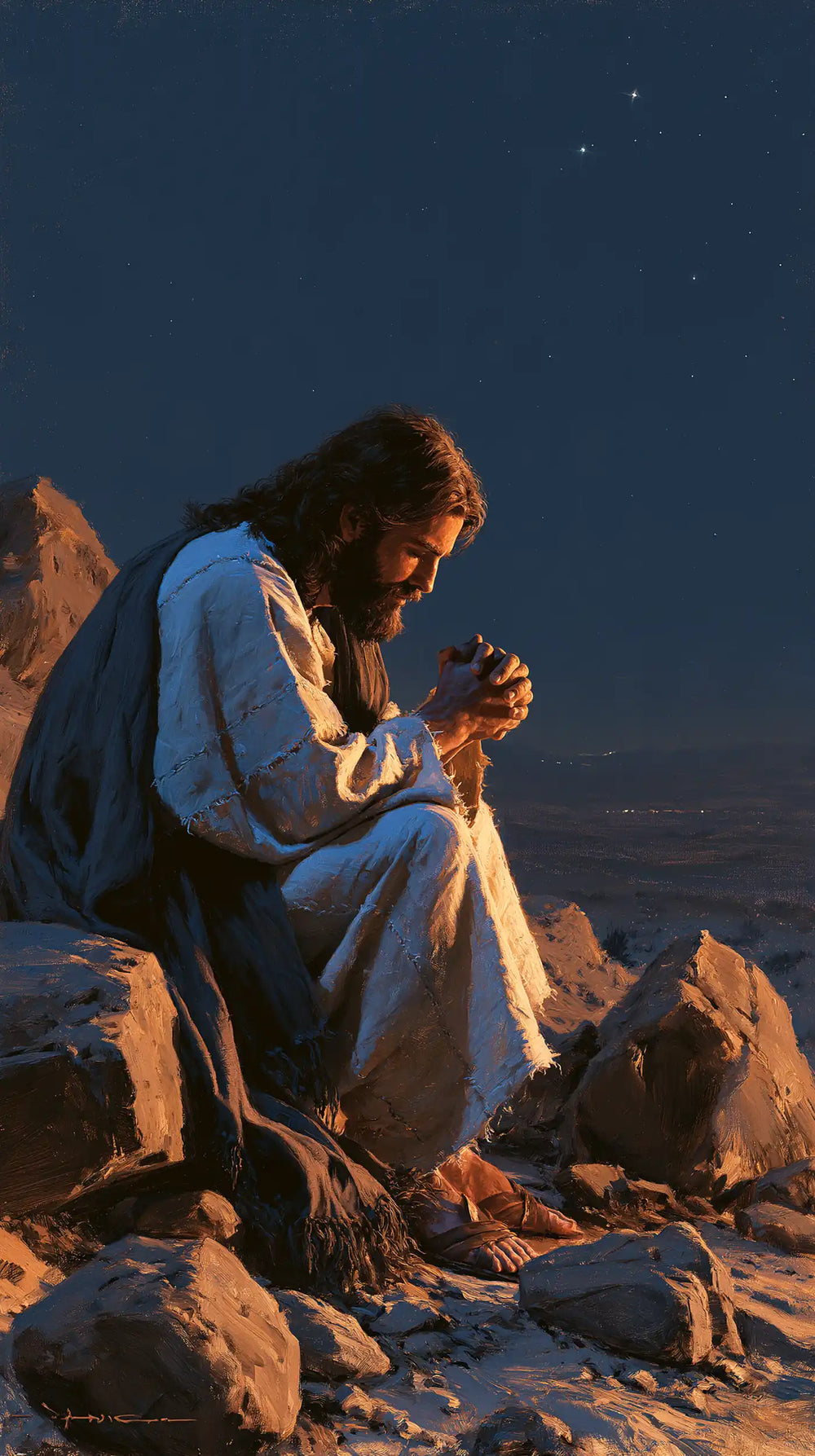 Jesus in the desert during the temptation in Midnight Blue Chiaroscuro style, portrait Christian artwork no. 15