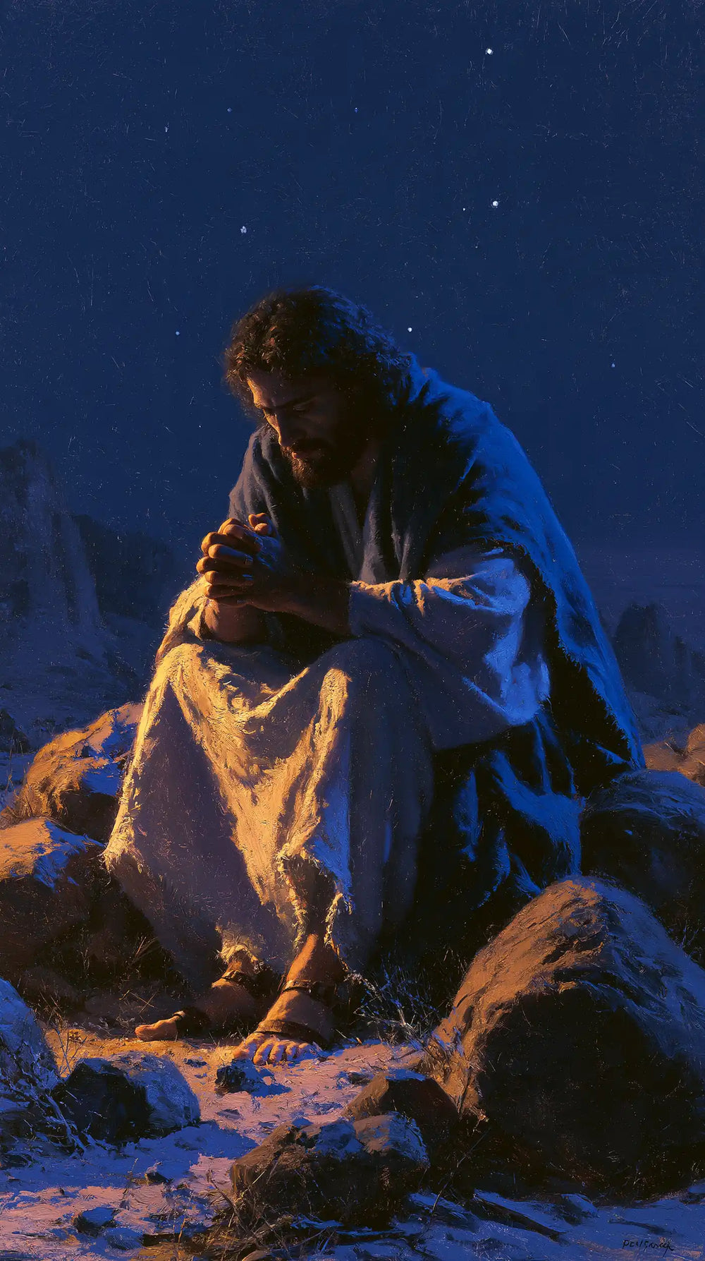 Jesus in the desert during the temptation in Midnight Blue Chiaroscuro style, portrait Christian artwork no. 17