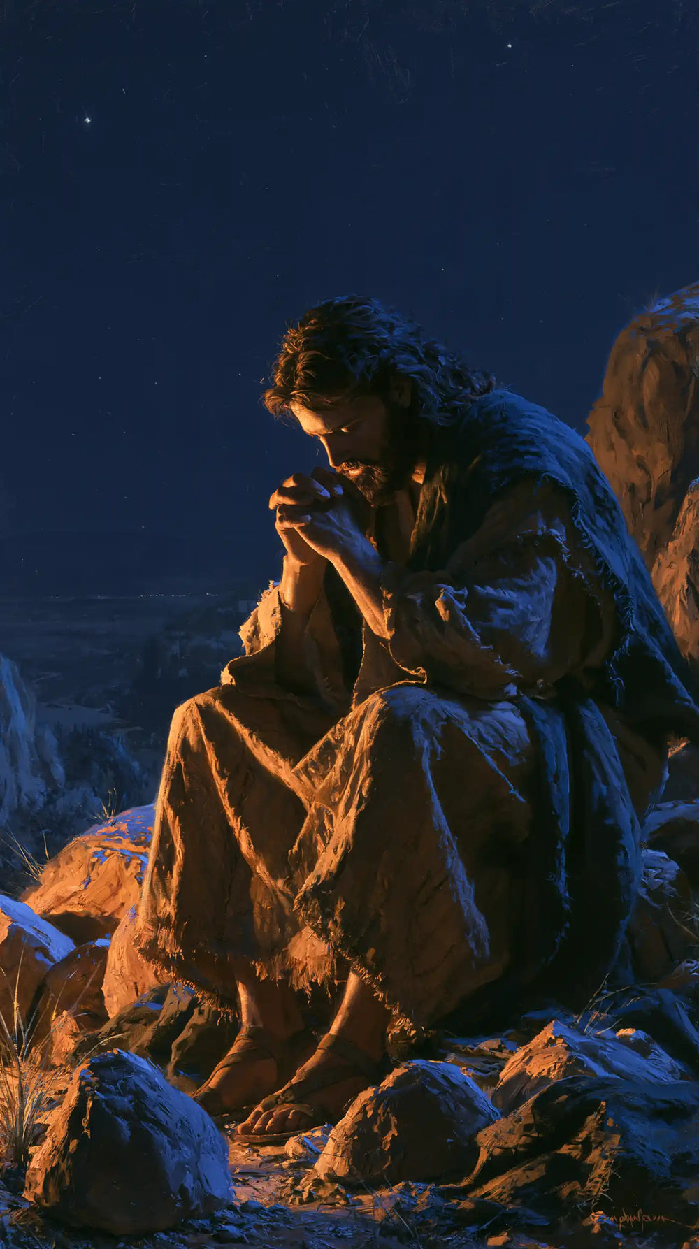 Jesus in the desert during the temptation in Midnight Blue Chiaroscuro style, portrait Christian artwork no. 27