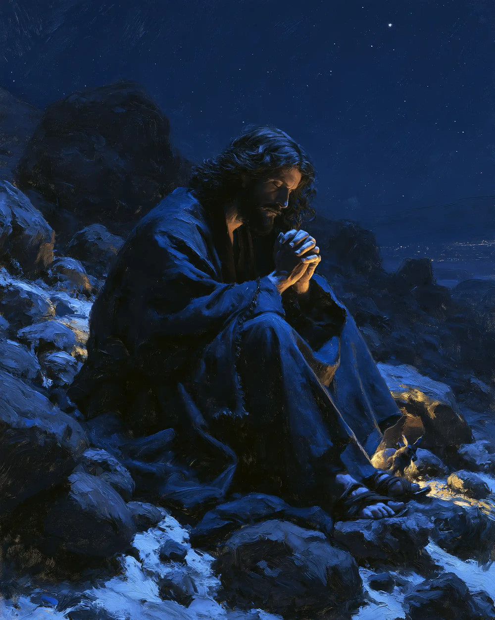 Jesus in the desert during the temptation in Midnight Blue Chiaroscuro style, portrait Christian artwork no. 40