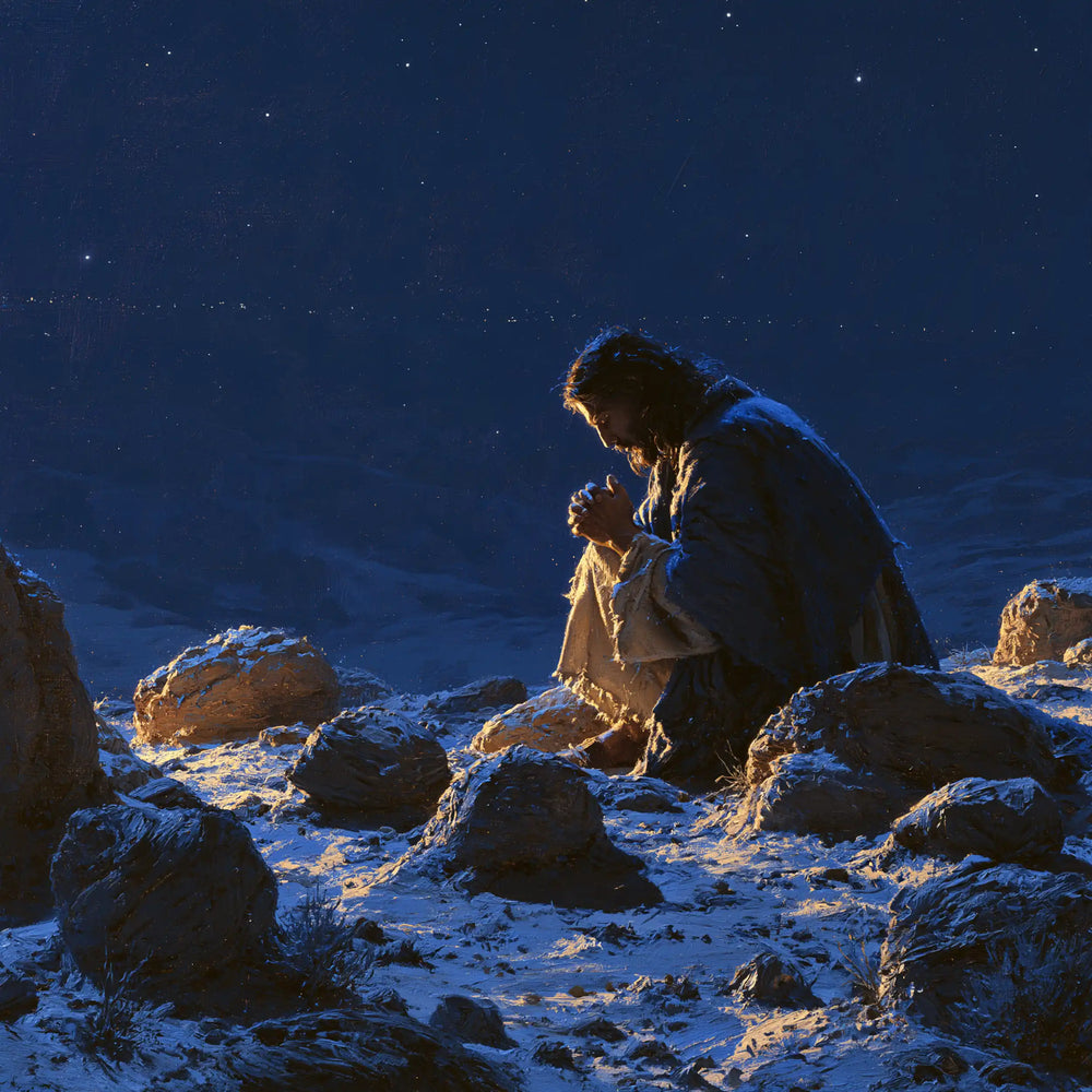 Jesus in the desert during the temptation in Midnight Blue Chiaroscuro style, square Christian artwork no. 1